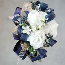 White rose bouquet with navy and gold ribbon accents