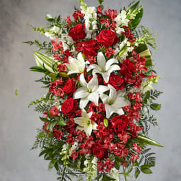 Standing floral spray with red roses and white lilies