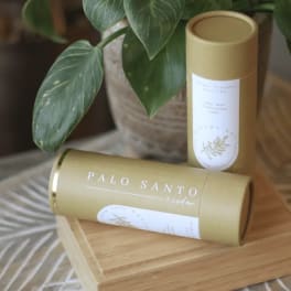 Two palo santo candles in gold tubes beside a potted plant