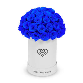 Blue roses arranged in a white cylindrical box
