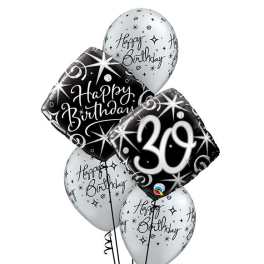 Cluster of black and white birthday balloons, including a "30" balloon