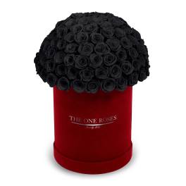Black rose bouquet in a red round box