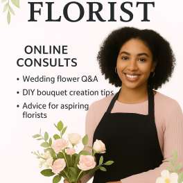 Promotional flyer with a florist holding a bouquet and consultation text