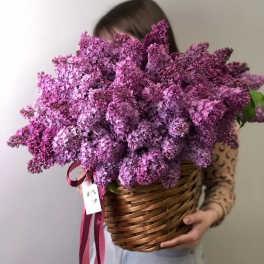 Large basket arrangement of lush purple blossoms with ribbon and tag