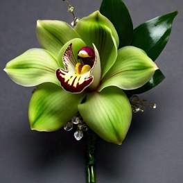 Green orchid boutonniere with dark leaves and crystal accents
