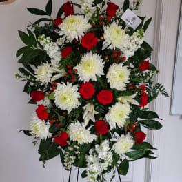 Red Roses & White Football Mums Funeral Spray
