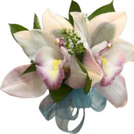 White and lavender orchid corsage with a blue ribbon bow