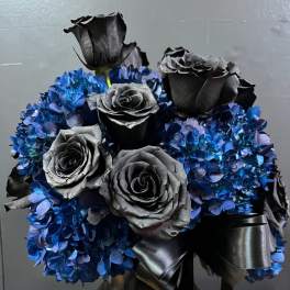 Black roses in a blue hydrangea bouquet with a black vase and ribbon