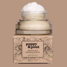 Jar of Poppy & Pout coconut lip scrub with floral label