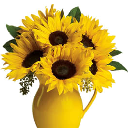 Sunflower bouquet in a yellow pitcher vase