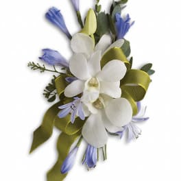 White and lavender orchid corsage with green ribbon