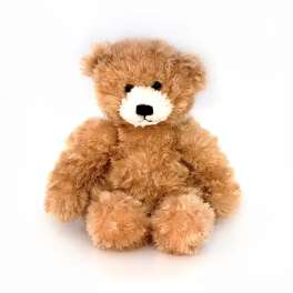 Brown teddy bear with a white muzzle sitting on a white background