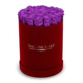 Purple roses in a red round box