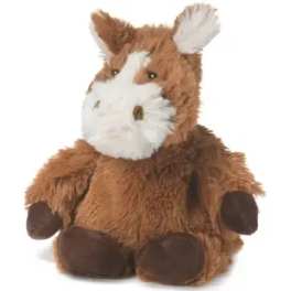 Brown and white plush horse toy sitting upright