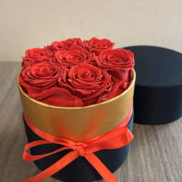 Red roses arranged in a round black box with a gold band and red ribbon
