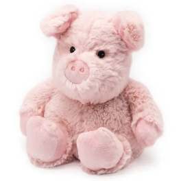 Pink plush pig stuffed animal sitting on a white background