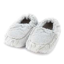 Pair of fuzzy gray slippers on a white background