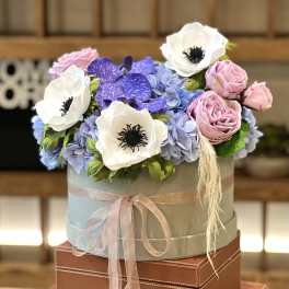 Round box arrangement with pink roses, blue hydrangeas, and white anemones
