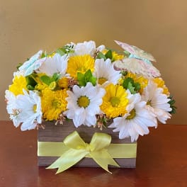Yellow and white daisy bouquet in a wooden box with a ribbon