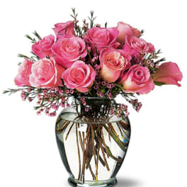 Pink roses arranged in a clear glass vase