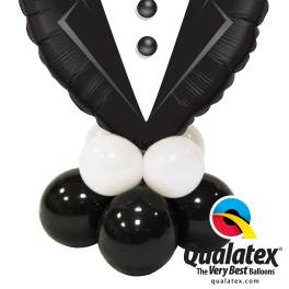 Black tuxedo-shaped balloon arrangement with white balloons at the base