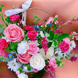Pink and white flower basket design