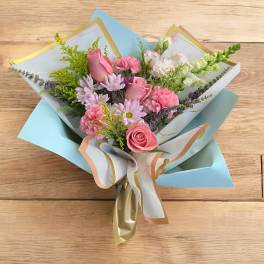 Premium Pink Roses bouquet (wrapped with pastel blue floral paper)