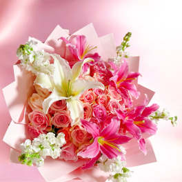 Lily with 50 pink roses bouquet