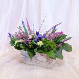 Purple iris arrangement in a wooden box with pink filler flowers