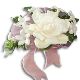 White rose corsage with small white flowers and a pink ribbon