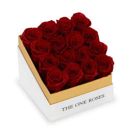 Box of red roses in a white and gold gift box