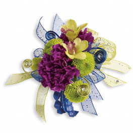 Purple and yellow floral corsage with blue and gold ribbon accents