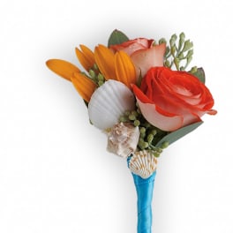 Small boutonniere with orange and coral roses and seashell accents