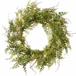 Circular greenery wreath with mixed fern and eucalyptus-like foliage