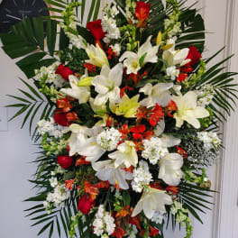 Red Roses & White Oriental Lilies Funeral Spray