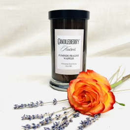 Orange rose beside a black candle jar with lavender sprigs