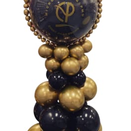 Gold and black balloon column with a large branded balloon topper