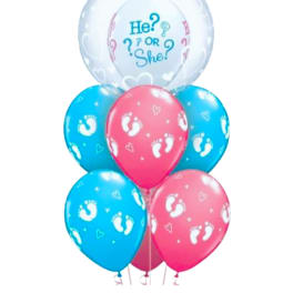 Cluster of baby shower balloons in blue, pink, and white