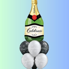 Champagne bottle balloon bouquet with black and white balloons