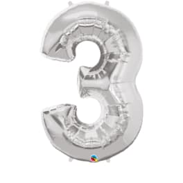 Silver foil balloon shaped like the number 3