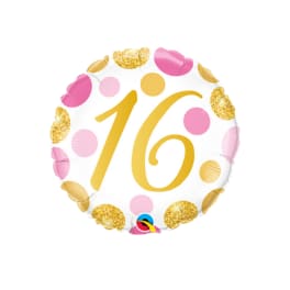 Round balloon with a gold "16" and pink and gold dots