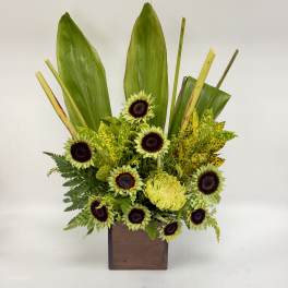 Tall arrangement of green sunflowers and a spider mum in a wooden cube vase with large tropical leaves.