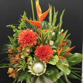 Tropical floral arrangement with orange blooms in a white vase