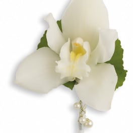 White orchid corsage with pearl accents
