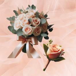 Peach Rose Bridal Bouquet and Boutonniere Package