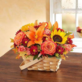 Low basket arrangement of orange lilies, roses, sunflowers and red mums in a woven wood basket