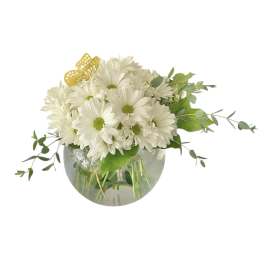 White daisy bouquet in a round glass vase with green foliage