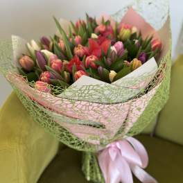 Bouquet of multicolored tulips wrapped in pink and green paper