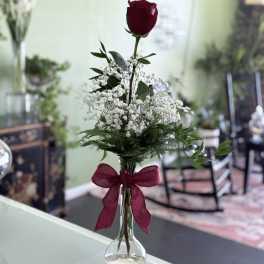 Single red rose in a clear glass vase with white baby's breath and a burgundy ribbon