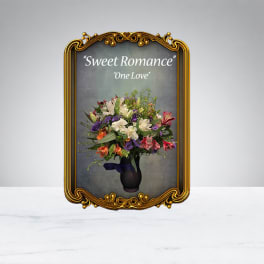 Mixed bouquet in a dark vase with an ornate gold frame